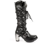 New Rock TR004-S1 Mujer Negro Cuero Botas Hebilla Encaje hasta la Rodilla Motero