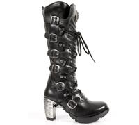 New Rock TR004-S1 Mujer Negro Cuero Botas Hebilla Encaje hasta la Rodilla Motero