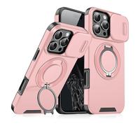New Slide Camera Protection Magnetic Stand Phone Case, Anti-Fall Phone Case with Slide Camera Cover & Rotating Ring Bracket, for iPhone 17/16/15/14/13/12/11 Pro Max Plus (Pink,for iPhone 17 Pro Max)