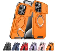 New Slide Camera Protection Magnetic Stand Phone Case for iPhone 17/16/15/14/13/12/11 Pro Max, with Privacy Camera Cover and 360° Rotating Stand,Built-In Magnetic Ring (iPhone16 Pro Max,Orange)