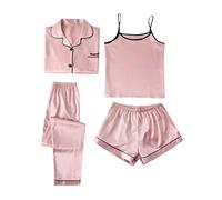 New Solid Ice Silk Pijamas Mujer Home Suit Flamingo Print Fashion Slim Pijamas Set de cuatro piezas para todas las estaciones Bata Mujer Sexy, Rosa., M