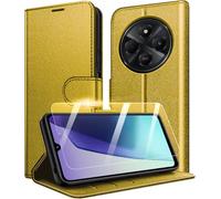 New&Teck - Funda para Xiaomi Redmi 14C/ Redmi A4, [Cierre magnético con Solapa], [Funda Tipo Cartera de Piel], [Multifuncional] + 1 [Vidrio Templado de protección] (Dorado)