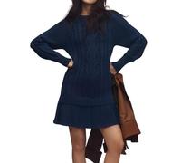 New Women Crewneck Cable Knit Sweater, Long Sleeve Pleated Mini Dress Twofer Style Patchwork DRES (Blue,XXL)