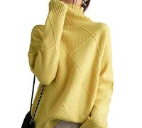 New Women's Long-Sleeve Turtleneck Sweater Cashmere Sweater Women's Turtleneck Sweater Solid Color Knitted Turtleneck Pullover Loose Sweater (One Size,Yellow)