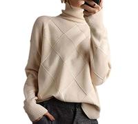 New Women's Long-Sleeve Turtleneck Sweater Cashmere Sweater Women's Turtleneck Sweater Solid Color Knitted Turtleneck Pullover Loose Sweater (One Size,Off White)