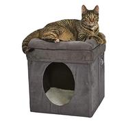 New World Cat Cube - Cubo para gatos de 39,4 x 39,4 x 42 cm, escondite plegable para gatos con juguete, parte superior reforzada, gamuza gris sintética, ropa de cama de piel de oveja sintética