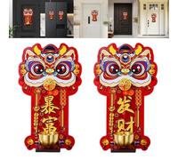 New Year Lion Awakening Door Chime Magnetic Suction, Traditional Lion Dance Magnetic Bell Refrigerator Magnet, Wooden Home Decoration Doorbell with Chinese Style