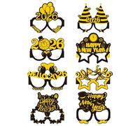 New Years Glasses Set - 8 Pieces Festive Photo Booth Props for Party Fun | Holiday Eyeglasses for Kids Teens Adults, Attendees Hosts Guests, Night Celebration Office Dinner Caroling Family Gathering