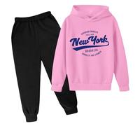 New York - Conjunto deportivo de 2 piezas con capucha para niñas y niños pequeños, sudadera con capucha y pantalones deportivos con letras para viajes, acogedores, rosa, 11-12 años