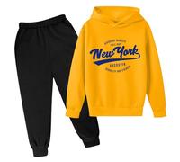 New York - Conjunto deportivo de 2 piezas con capucha para niñas y niños pequeños, sudadera con capucha y pantalones deportivos con letras para viajes, acogedores, amarillo, 11-12 años