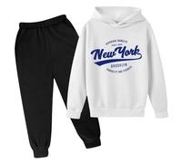 New York - Conjunto deportivo de 2 piezas con capucha para niñas y niños pequeños, sudadera con capucha y pantalones deportivos con letras para viajes, acogedores, blanco, 11-12 años
