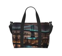 New York Manhattan Bridge - Bolsa de gimnasio con estampado nocturno para mujer, bolsa de fin de semana, bolsa de artículos personales, bolsa de hombro para mujeres y hombres, Negro -, Talla única