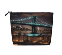 New York Manhattan Bridge Night Print - Bolsa de maquillaje de cáñamo falso de una sola capa con cremallera, accesorios para mujer, color negro, talla única, Negro, One Size