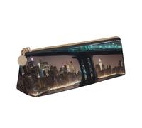 New York Manhattan Bridge Night Print Triángulo de cuero bolsa de almacenamiento de papelería, apta para viajes y almacenamiento de cosméticos