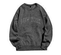 New York Sudaderas con cuello redondo para mujer, ajuste holgado, con letras de otoño, suéteres gráficos de moda, suaves y lindas sudaderas de moda occidentales 2026, sudaderas vintage Y2K, gris