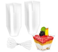 Newaner 50 Piezas 2oz/60ml vasos para postres con Cucharas Plástico, tazas copas cuencos de postre Reutilizables Cuadrados Transparentes para Pudín, Mousse, Helado, Cumpleaños, Bodas