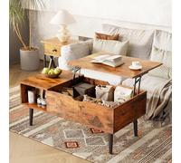 NEWBULIG Mesa de Centro con Placa elevadora con Compartimento Oculto, pequeña Mesa de Comedor para el hogar, salón, Oficina, Color marrón Rojizo
