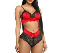 NewBull Conjunto de Lencería Sexy para Mujer en Encaje de 2 Piezas, Sostén y Braguita de Satén, Detalle de Cuello en V, Cintura Alta, Pijama con Lazo, Ropa Interior Femenina, Negro/Rojo, S-L, rojo, M