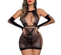 NewBull Conjunto Lencería para Mujer Vestidos de Rejilla Malla Fishnet Mini Vestido con Mangas Ropa Interior de Dormir Sexy Bodycon Vestido Ahuecado Disfraz Bodysuit Picardías Traje Talla única