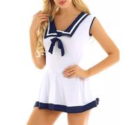 NewBull Lencería Disfraz Sexy de Marinera para Mujer Vestido Traje de Marinero de Halloween Disfraz Mujer Carnaval Divertido Disfraces de Colegiala Cosplay Cuello Azul Falda Uniforme