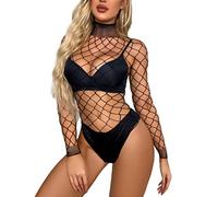 NewBull Lencería Ropa Onesie Red con Abertura Superior Cuello alto Mangas Largas Fishnet Sexy Transparente Malla Parte Superior del Cuerpo Traslúcido Seductor Elástico Blusa (Negro)