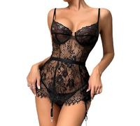 NewBull Lencería sexy para mujer, lencería de encaje babydoll ropa interior transparente erótica camisón negligee con liguero push up con aros, sujetador corsé, vestido de noche, S-XL, Negro , XL