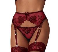 NewBull Liguero Mujer Set Ligueros Tirantes Conjuntos de Lencería Calzoncillos, Anchos Medias Sexy Encaje con 4 Correas Ligas Ajustables para Mujer + Tanga (Rojo)