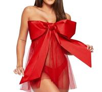 NewBull Picardías Navideña Sexy Conjunto de Lencería para Mujer Camisones Transparente Ropa Interior Rojo de Navidad Babydoll Pijama Malla sin Espalda Ropa de Dormir Lazo Grande Valentín Unwrap Me