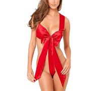 NewBull Ropa Interior Sexy Mujer Lazo Rojo Babydoll Lencería Clásico Teddy Body con 1 Listón Femenino Halter Cuello Sin Espalda Traje de Navidad Cosplay
