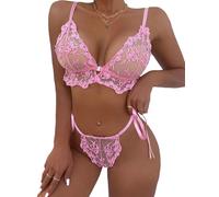 NewBull Sexy Conjunto de Lencería para Mujer Encaje Ropa de Dormir Babydoll Set de Sujetador y Braga 2 Piezas Ropa Interior de Malla Transparente Pijama Bordado Floral Rosado Talla única para S-L