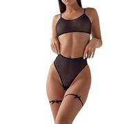 NewBull Sexy Lencería Traje para Mujer Conjunto de Ropa Interior Transparente de Tul Sujetador sin Anillo de Acero, Bragas de Cintura Alta con Anillo de Pierna Señora Cómodo Camisón de Tres Piezas (S)