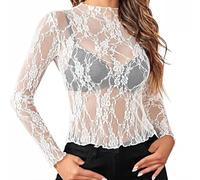 NewBull Tops Transparente Mujer Sexy Encaje Manga Larga Top Impreso Malla, blanco, S