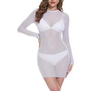 NewBull Traje de baño para mujer, vestido de playa, bikini, ropa de natación, vestido de blusa transparente, minifalda con mangas largas, malla fina, cuello redondo, minivestido de verano, Blanco