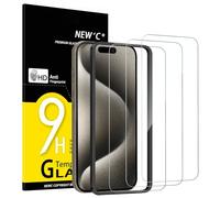 NEW'C 3 Piezas, Protector Pantalla para iPhone 15 Pro Max (6,7 Pulgadas), Cristal templado con herramienta de instalación fácil incluida, Antiarañazos, Antihuellas, Dureza 9H, Ultra Resistente