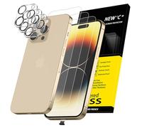 NEW'C 3 x Protector Pantalla para iPhone 14 Pro (6,1 Pulgadas) y 3 x Protector de Lente de Cámara - Cristal Templado + Tapón Antipolvo - Ultra Resistente - Sin Burbujas - Dureza 9H