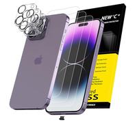 NEW'C 3x Protector Pantalla para iPhone 14 Pro Max (6,7 Pulgadas) y 3x Protector de Lente de Cámara - Cristal Templado + Tapón Antipolvo- Ultra Resistente- Sin Burbujas- Dureza 9H