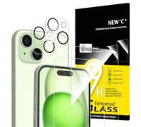 NEW'C 4 Pack, 2 x Protector Pantalla para iPhone 15 (6,1 Pulgadas) y 2 x Protector Pantalla Protector de Lente de Cámara - Cristal Templado - Libre de Burbujas - Ultra Resistente - Cristal Dureza 9H
