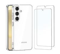 NEW'C Funda para Samsung Galaxy S24 5G con Cristal Templado | Carcasa transparente + 2 lentes templadas, 6,2 pulgadas, cristal protector de pantalla, dureza 9H, TPU silicona suave, fina