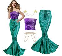 Newcotte 4 piezas de disfraz de sirena para mujer, falda de cola de lentejuelas, tubo de sirena de lentejuelas, cadena de cintura de perlas, cadena de cabeza para Halloween, cosplay, S