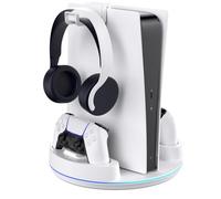 NEWDERY Soporte para PS5/PS5 Slim/PS 5 Pro, estación de Carga de Controlador Dual con luz RGB para PlayStation 5, Soporte Vertical para Consola Digital PlayStation 5/Disco, Color Blanco
