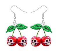 NEWEI Acrílico Horror Cráneo Cereza Dangle Pendientes de Halloween Regalos para Mujeres Niñas, Gothic Fruit Charm Design Spooky Quirky Halloween Accesorios de Joyería de Disfraces (Rojo)