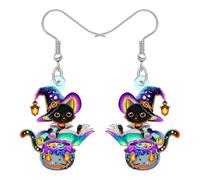 NEWEI Acrílico Horror Halloween Negro Gato Bruja Dangle Pendientes Regalos para Mujeres Niñas Cat Lovers, Spooky Gótico Esqueleto Mágico Caldero Quirky Halloween Costume Joyería (Colorido)