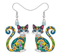 NEWEI Acrílico Lindo Gato Floral Pendientes Colgantes para Mujeres Niñas Divertido Animal Gatito Mascotas Bohemio Accesorios de Joyería Boho Regalos para Amantes del Gatos Mamá Charms (Azul)