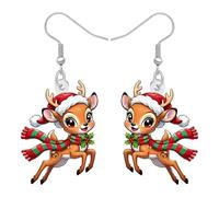 NEWEI Lindo Reno de Navidad Ciervo Dangle Pendientes Regalos de Vacaciones para las Mujeres Decoraciones, Acrílico Invierno Ornamento Diseño con Holly Berries Navidad Joyería Accesorios (Marrón)
