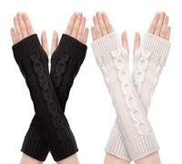 Newellsail Calentadores de Brazo Guantes Largos de Invierno Sin Dedos Calentador de Punto de Brazo y Muñecas con Agujero de Pulgar para Mujeres 2 Pares (Blanco y Gris Oscuro)