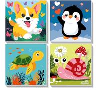 NEWENMO 4 Piezas Animales Pintar por Numeros Kit,Pintura por Numeros con Marco,Perro Pingüino Tortuga Caracol Patrones,DIY Paint by Numbers para Decoración del Hogar 20x20cm