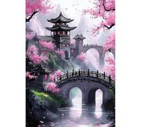 NEWENMO 5D Arquitectura China Diamond Painting Adultos,DIY Flores de Cerezo Pintura de Diamante Kits,Puente Diamond Art Kit Completo,Bricolaje Dibujo con Diamantes,para Decoración del Hogar,30x40cm