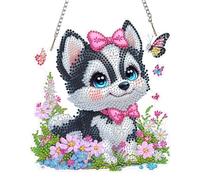 NEWENMO 5D Cachorro Husky Diamond Painting Adornos Colgantes,Flores Colgante de Pintura de Diamantes,Forma Especial Kit de Diamantes de Cristal,para Principiantes Decoración de Puertas y Ventanas