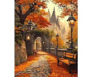 NEWENMO Antiguo Castillo Pintar por Numeros Adultos,Hojas de Otoño Paisaje Pintura por Numeros,DIY Farolas Paint by Numbers Kits,con Pinceles y Pigmento Acrílico,Decoracion para Hogar 40x50cm