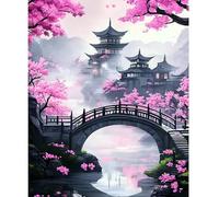 NEWENMO Arquitectura China Pintar por Numeros Kit,Flores de Cerezo Pintura por Numeros Adultos,DIY Paint by Numbers Kits,con Pinceles,Pigmento Acrílico,para Decoración de Hogar(40x50cm,Sin Marco)